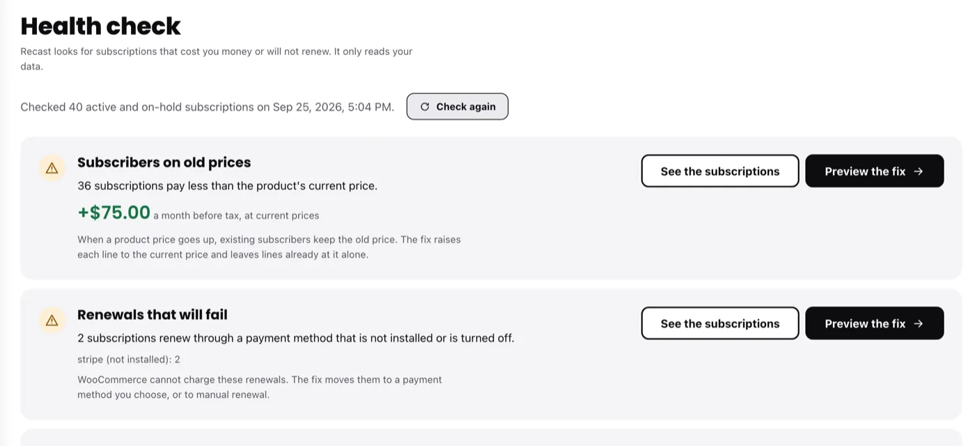 Recast Health check: 36 subscriptions pay less than the product's current price, plus $75.00 a month before tax, and 2 subscriptions renew through a payment method that is not installed.