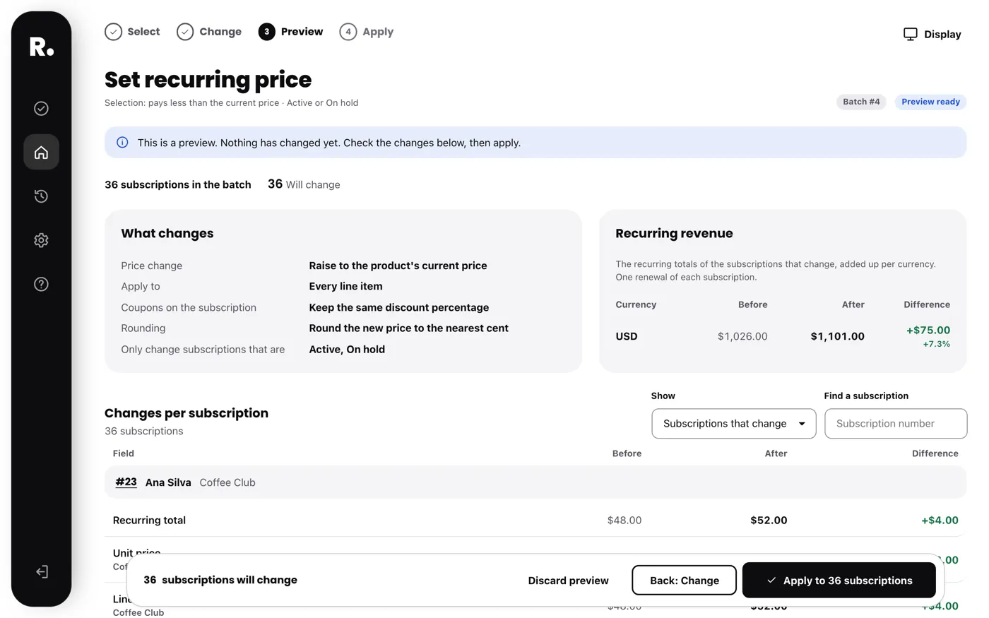 Recast preview of a price change on 36 subscriptions. Each subscription shows its recurring total before and after, and recurring revenue goes from $1,026.00 to $1,101.00, plus $75.00.
