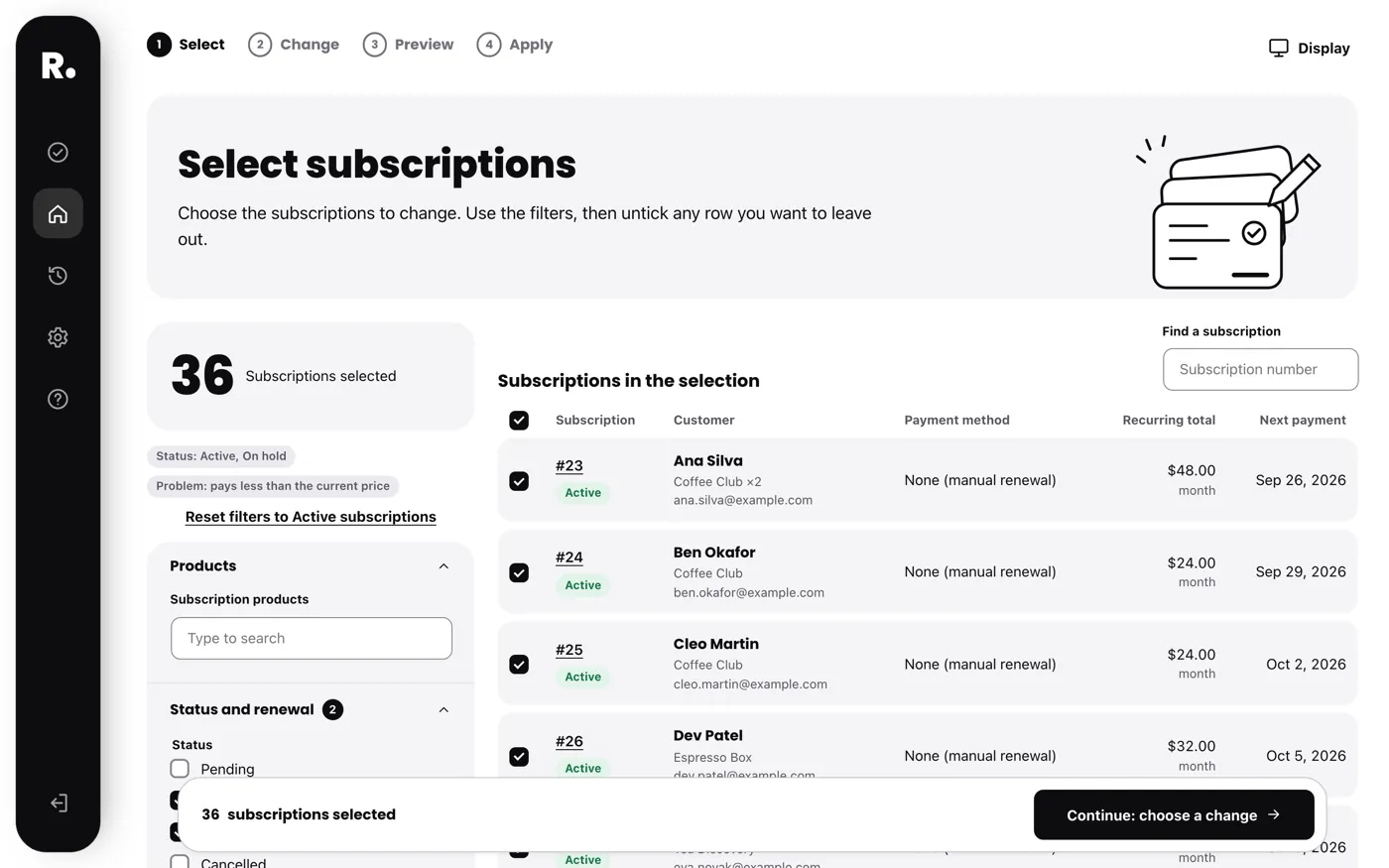 Select subscriptions: 36 selected, filtered to active subscriptions that pay less than the current price, with a table of each subscription.